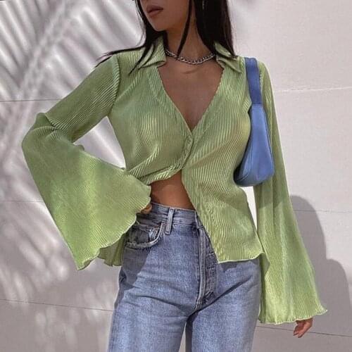 Women Blouse Chiffon Folds Flare Sleeve Tops Vintage Full Solid V-Neck Euro-America Style Women Shirts Office Lady Beach Style