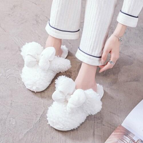 Winter Fur Plus Knot Elegant Ladies Velvet Slippers Home Bedroom Slip-on Flat Shoes Memory Foam Black White Women Fur Slippers