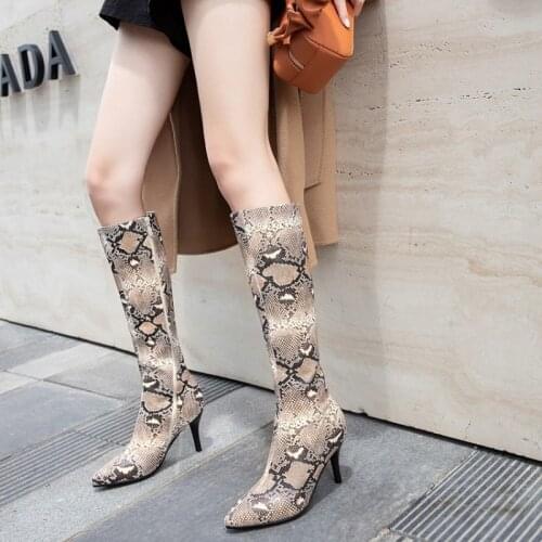 Women Knee High Boots Sexy Colorful Snake Pattern Zip Women Shoes Thin High Heels Women Boots Fashion Shoes Female Party Boots