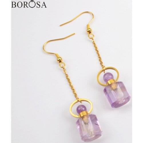 BOROSA Design 3Pairs Perfume Bottle Shape Natural Amethysts Drop Earrings Gems Dangle Earring Jewelry for Women WX1169