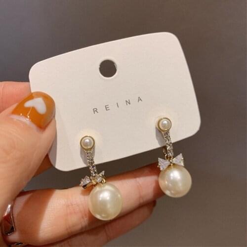 New Contracted Pearl Fresh Crystal Bowknot Senior Drop Earrings Fashion Sweet Pearl Women Earrings Joker Fine Temperament