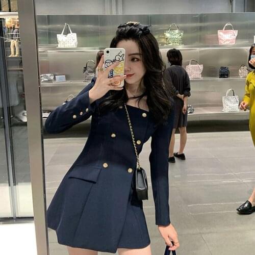 Vintage Fashion Suit Blazer Dresses Women Summer Fall Long-Sleeved Double-Breasted Solid Square Collar Sexy Mini Dress