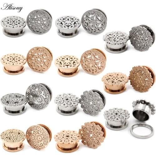 Alisouy 2pcs Hollow Frosted Scrub Flower Stainless Steel Ear Plugs Tunnels Stretchers Gauges Piercing Body Jewelry Ear Expanders