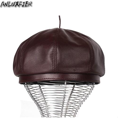 B-9486 Adult Genuine Leather Octagonal Hat Lady Fashion Sheepskin Hats Mens Leisure Artist Cap Middle-aged Pumpkin Hats