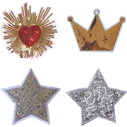 Big Golden Crown Stars Sequin Embroidered Patches For Jackets T-Shirt DIY Stickers Badge For Sewing And Needlework Accessories