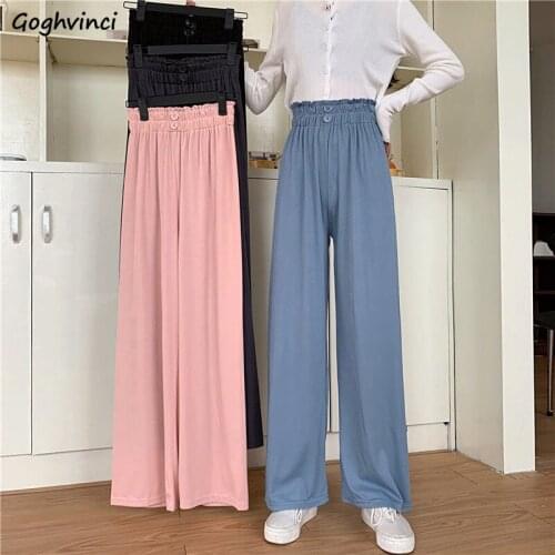 Women Casual Pants Full Length Loose Wide Leg Elastic Waist Solid Simple Soft Elegant Daily Korean Style Fashion Females Popular