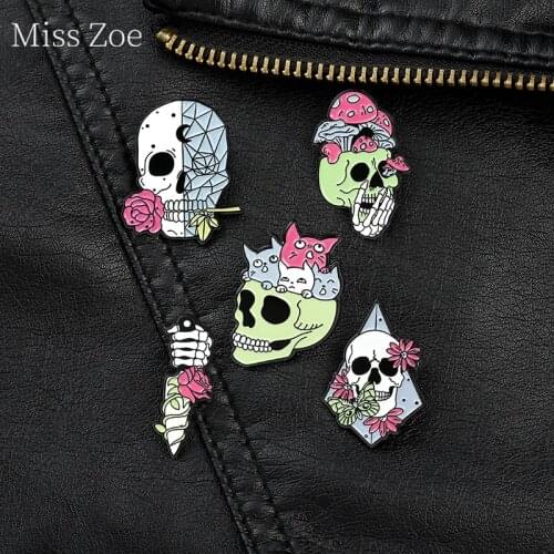 Rose Skull Dagger Enamel Pin Custom Exaggeration Mushroom Badge Brooch Lapel Pins Shirt Punk Gothic Cat Jewelry Gift For Friends