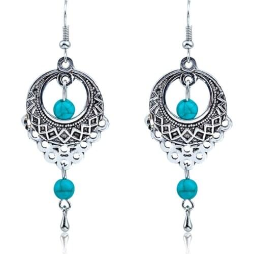 Ethnic Bohemia Drop Earrings For Women Silver Color Blue Beads Earring Big Long Tassel Statement Charm Vintage Jewelry