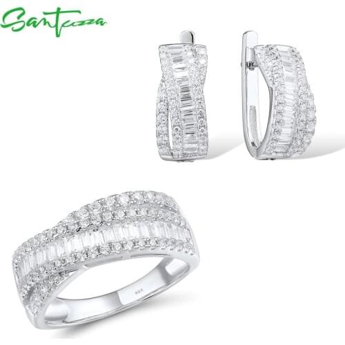 SANTUZZA Jewelry Set For Women Pure 925 Sterling Silver Sparkling White Cubic Zirconia Earrings Ring Set Daily Wear Fine Jewelry