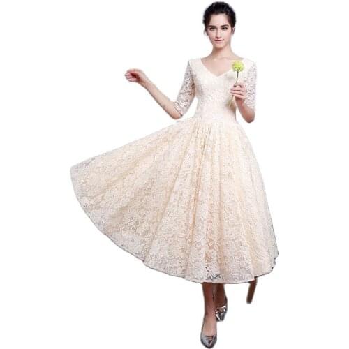 Champagne Pink Red Black Gray V-Neck Lace Up Back Short A-line Half Sleeves Tea Length Graduation Dresses New Style