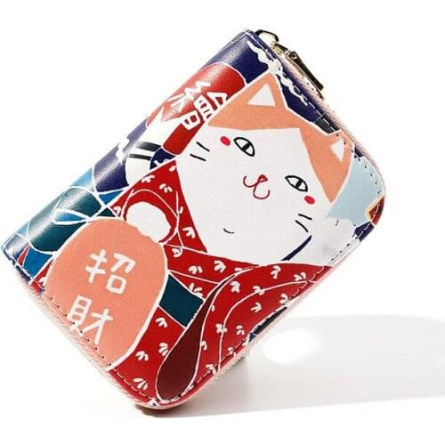 KANDRA Cartoon Zipper Coin Card Wallet Female Cat Print PU Leather Multi-function Organ Credit Card Holder Small Clutch Bag