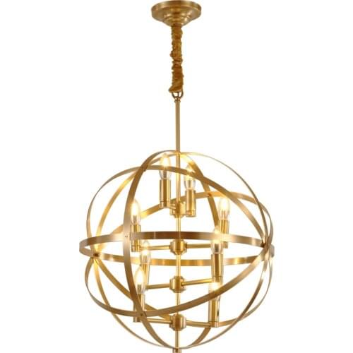 Round antique pure brass copper hanging lamp globe sphere cage Lampshade dining room kitchen lighting fixtures 4/6/8 lights