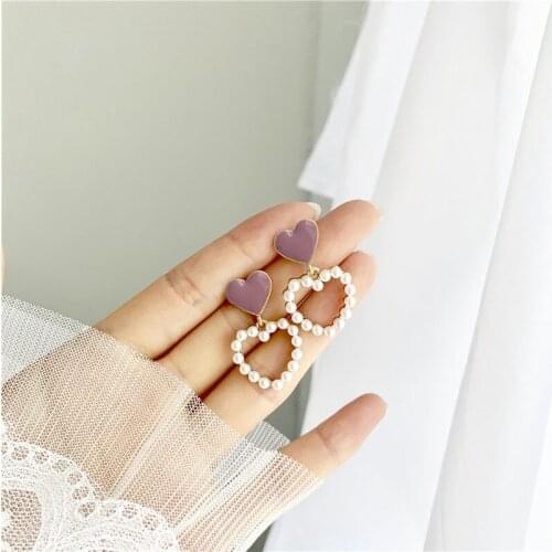 Small Heart Drop Earrings For Women Pearl Purple Enamel Femme Bijoux Cute Wedding Party Birthday Gifts Statement Korean Jewelry