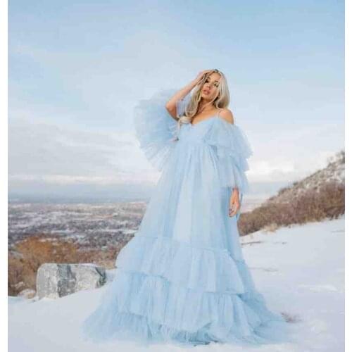 Sky Blue Maternity Women Evening Dresses Off Shoulder Tulle Robes for Photo Shoot Baby Shower Ruffle Women Photography Robe
