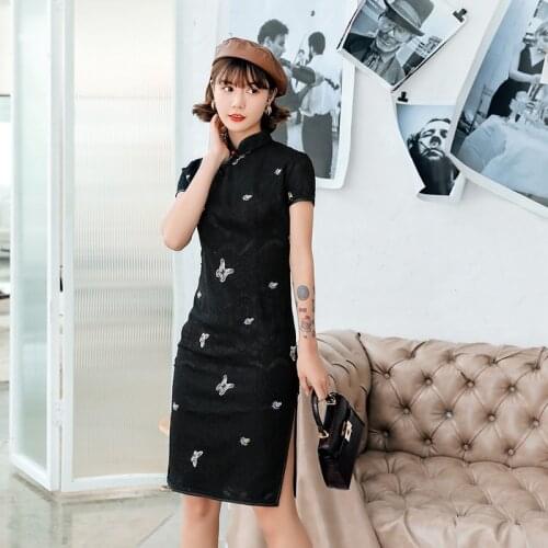 2021 New Chinese National Cheongsam Midi Dress Butterfly Women Dress Split Lace Dresses Elegant Qipao