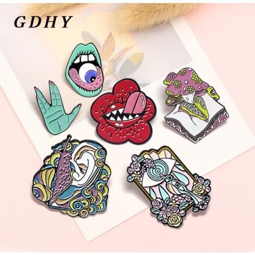 GDHY Newest Lips eye Ears Enamel Pins Tongue eyeball Twisted Rose Mirror Mushroom Lips Snail Ears Brooches Lapel Punk Jewelry