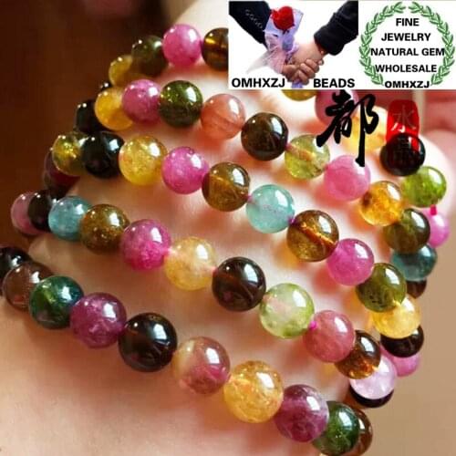 OMHXZJ Wholesale ZB364 European Fashion Birthday Party Wedding Gift Natural Stone Fine Tourmaline Round Beads Bracelets Bangles