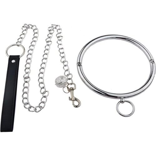Stainless Steel Bdsm Collar With Chain Metal Neck Ring Adult Games Slave Bondage Collar Restraints Erotic Sex Toys For Man Woman
