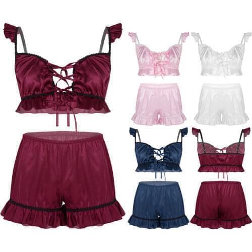Pajama Suit Satin Silk Lingerie Set Summer Sexy Sissy Nightwear Sleepwear Lace-Up Front Ruffled Bra Tops with Shorts Loungewear