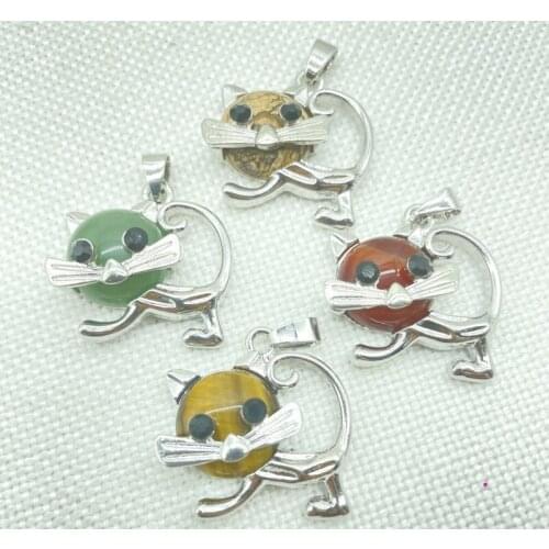 Natural stone Quartz Crystal Opal amethyst animal silver alloy Cute cat Pendant For DIY Jewelry making Necklace Accessories10pcs