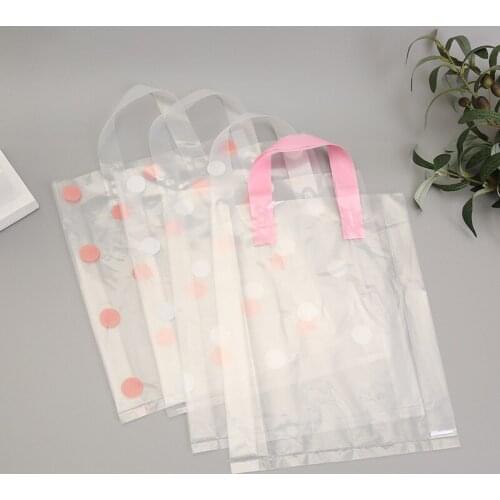 50pcs/pack Pink/White Dots Transparent Plastic Carry Bag With Handle Wedding Party Christmas Gift Bags Thick Large Shopping Bag