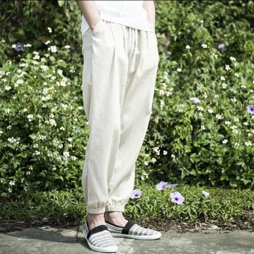 S-4xl New Linen Casual Feet Pants Mens Elastic Waist Loose Thin Breathable Cotton Linen Beam Feet Harlan Pants Back Nine Pants