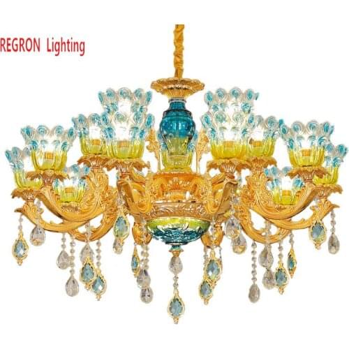 Blue Peacock Glass shade Chandelier Lamp For Restaurant Living Room wedding gold Chandeliers home Industrial lighting Luminaire