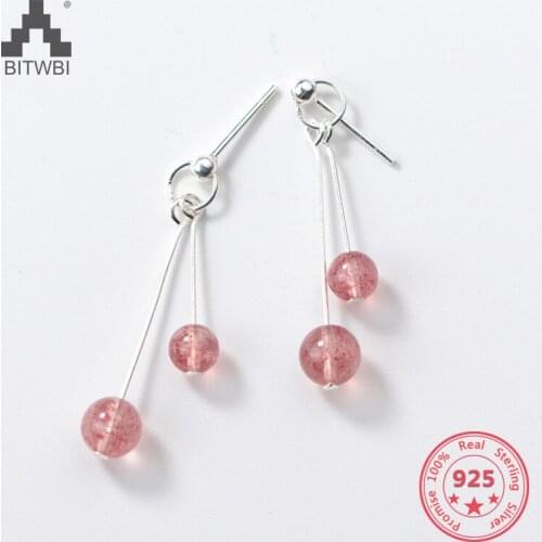 100% 925 Solid Real Sterling Silver Sweet Tassel Strawberry Quartz Crystal Dangle Earrings For Girl Women Fine Jewelry