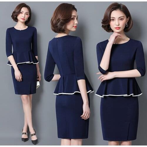 Fashion Career Female Peplum Work Dress 3/4 Sleeve O Neck Women Fashion Sheath Elegant Business Bodycon Pencil Dress