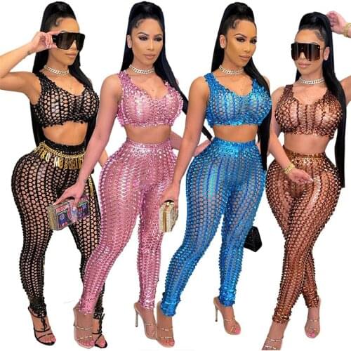 ZKYZWX Mesh Sheer Summer Vacation Outfits 2 Piece Set Sleeveless Crop Top Bodycon Pants for Women Sexy Night Club Matching Sets
