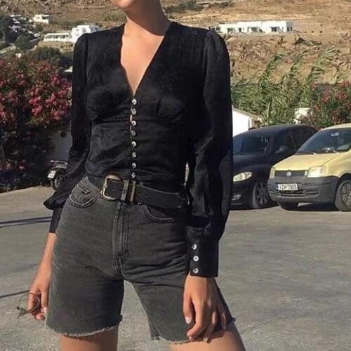 100% Silk Satin Jacquard Puff Sleeve Blouse Shirt - Female White/Black Stylish Top