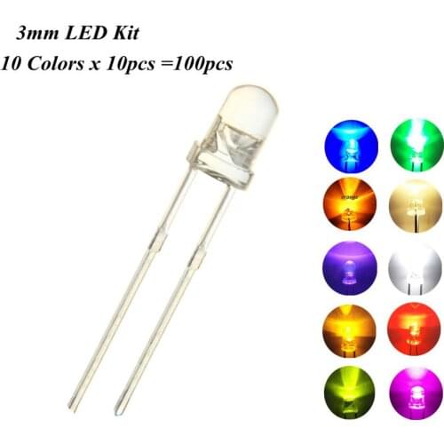 100PCS 3MM F3 DIP LED Kits 10Colors x10Pcs=100Pcs Red Blue Yellow Green Pink Purple Orange Warm White / White /Yellow-Green