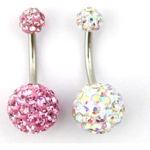 2pcs/lot Free Shipping Fashion Body Jewelry Double Gem Full Crystal Belly Ring Pink Rainbow Color Navel Rings Body Jewelry