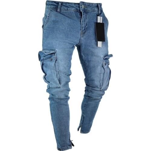 2021 Men Fashion Hi Street Jeans Pants With Big Pockets Streetwear Stretch Denim Trousers For Man Ankle Zipper Size S-3XL