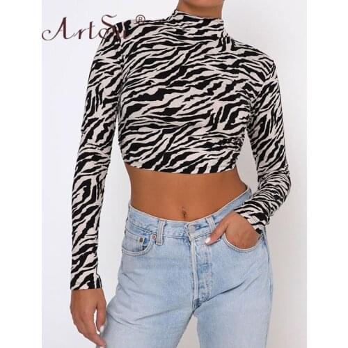 ArtSu Women Sexy Backless Lace Up Long Sleeve Crop Top Streetwear O-Neck Casual Zebra Print Tee Shirt Femme 2021 Spring Tshirts