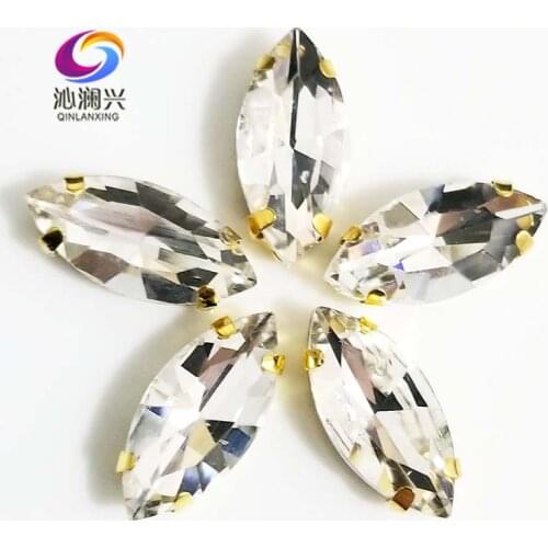 Free shipping Golden bottom white Horse eye shape High quality Glass Crystal sew on claw rhinestones,Diy Clothing accessories