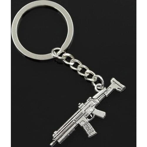 New Fashion Men 30mm Keychain DIY Metal Holder Chain Vintage Machine Gun Assault Rifle 40x15mm Antique Silver Color Pendant