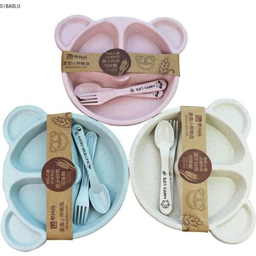 Baby Bowl Spoon Fork Feeding Food Cutlery Set Cartoon Bear Kid Dish Dinnerware Anti-scalding Training Board