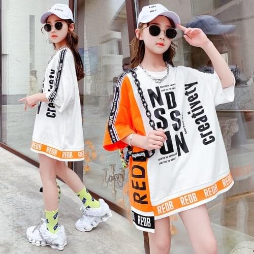 Girls Long t-shirt Dress Summer Childrens Dress 2021 New Summer Stitching Loose Letter Dress