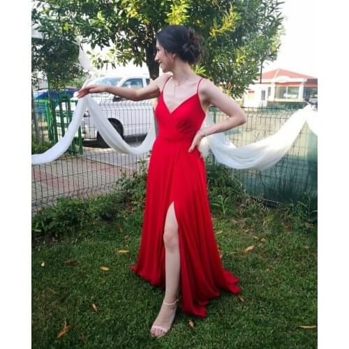 Long Chiffon Red Evening Dresses with Slit Criss Cross Back A-Line Floor Length V-Neck Abendkleid Robes de Soirée for Women