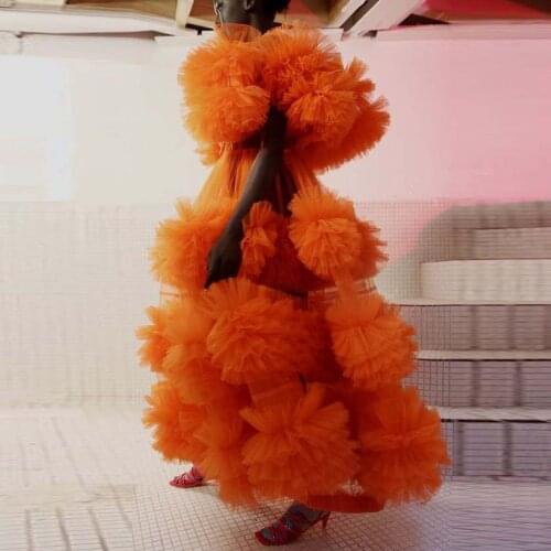 Dramatic Maxi Dress in Neon Orange Ruffled Tulle See Through Prom Party Dresses Robe de soiree Chic Lush Pageant Gown for Women