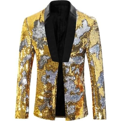 Two-color gold-blue sequined suits mens blazer fashion stage singer party wear shiny clothes costume homme пиджак мужской