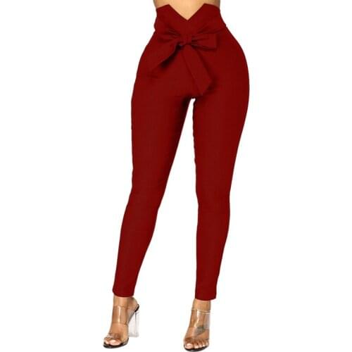 Fashion Women High Waist Casual Pants Ladies Solid ColorBowknot Slim Skinny Pants Bandage Elastic Pencil Trousers