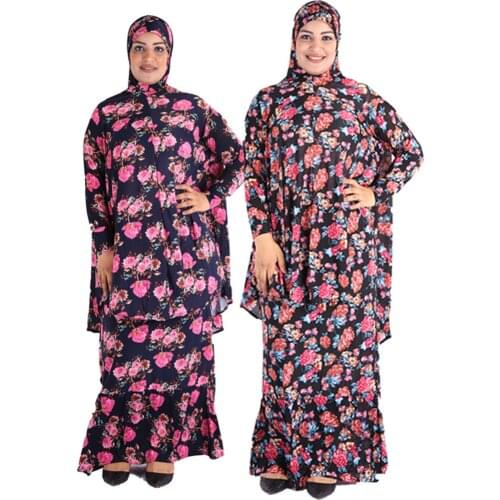 Eid Muslim 2 Piece Set Women Prayer Garment Turkey Ramadan Long Hijab Abaya Skirt Flower Jilbab Robes Islamic Abaya Maxi Dress