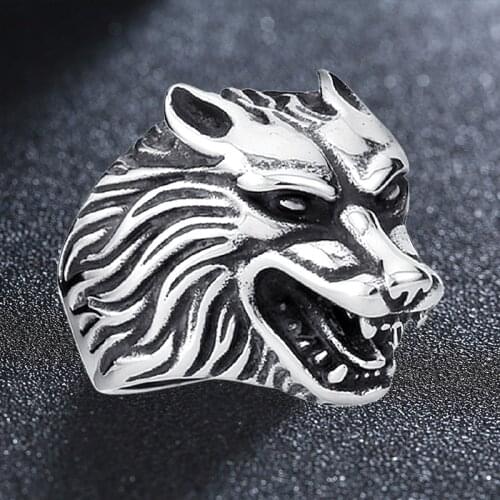 Fashion 316L Stainless Steel Cool Wild Wolf Biker Rings Punk Mens Animal Jewelry Gift For Him