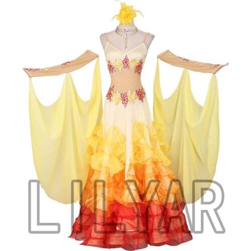Ballroom Dance Dress Standard Skirt Competition Dress Costumes Performing Dress Customize New Arrival Adult Kids Yellow Lacework