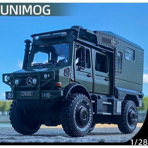 Hot 1:28 scale wheel benz Unimog motorhome metal model with light sound diecast car ORV pull back vehicle alloy toys collcetion