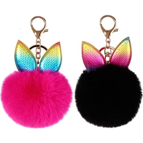 Best selling cute PU Cat leather ear animal hair ball keychain fur ball pendant bag jewelry accessories Keychain