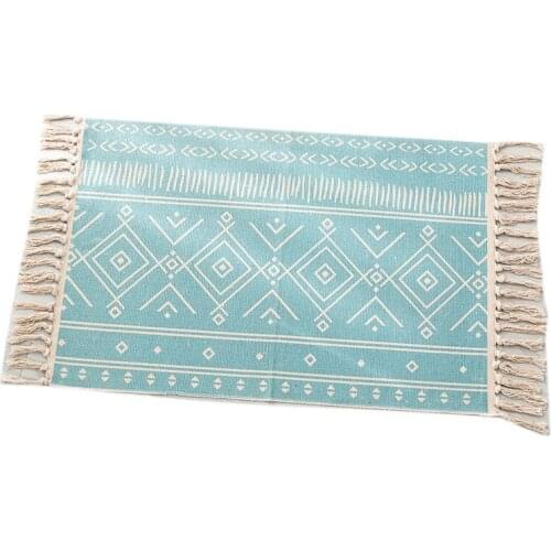 Linen and Cotton Blended Hand-Woven Tassel Carpet, Nordic Style Bedside Mats Suitable for Living Room and Bedroom,Blue