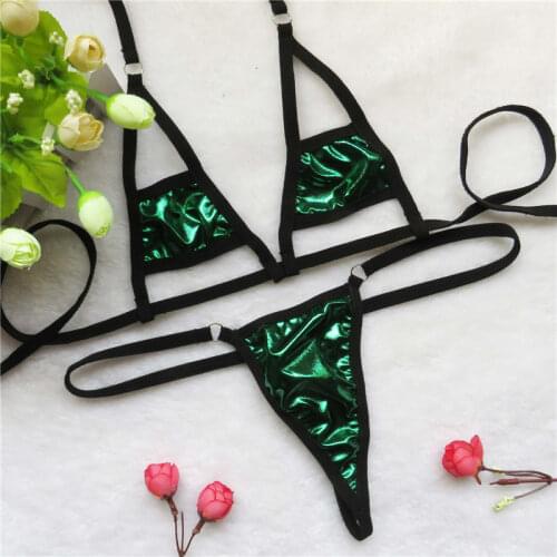 Micro bikini Sexy swimwear women swimsuit women biquini mini bikinis Patent leather Solid color Triangle Hollow out Bright light
